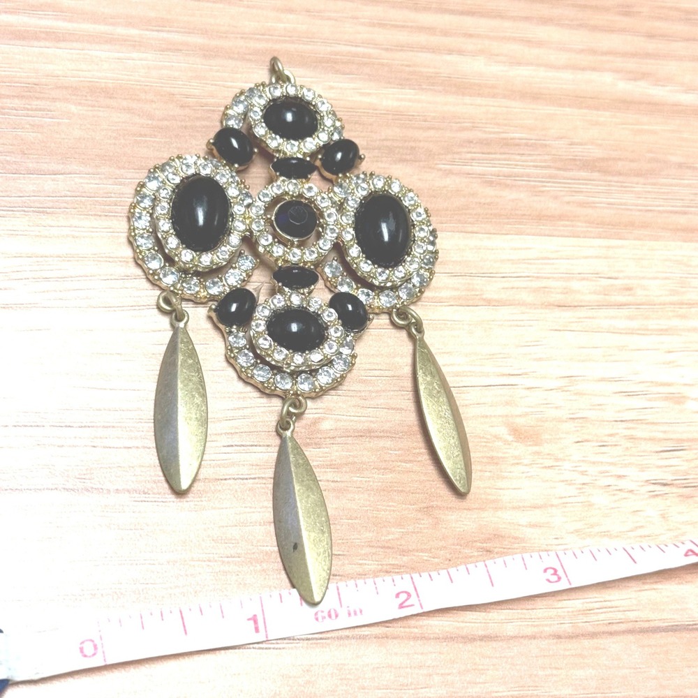 Vintage Style Black Cabochon Rhinestone Dangle Pendant Gold Tone Statement Cross